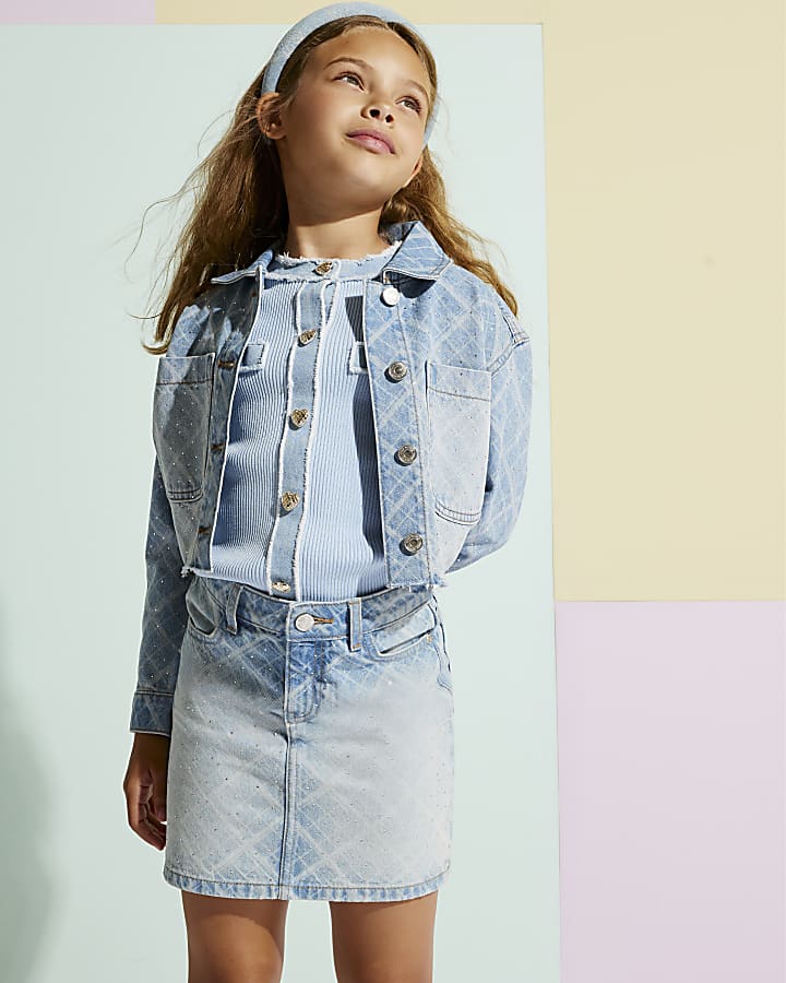 Girls Blue Denim Embellished Check Skirt