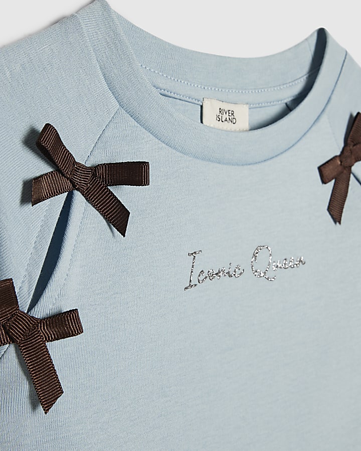 Girls Blue Bow T-Shirt Tracksuit Set