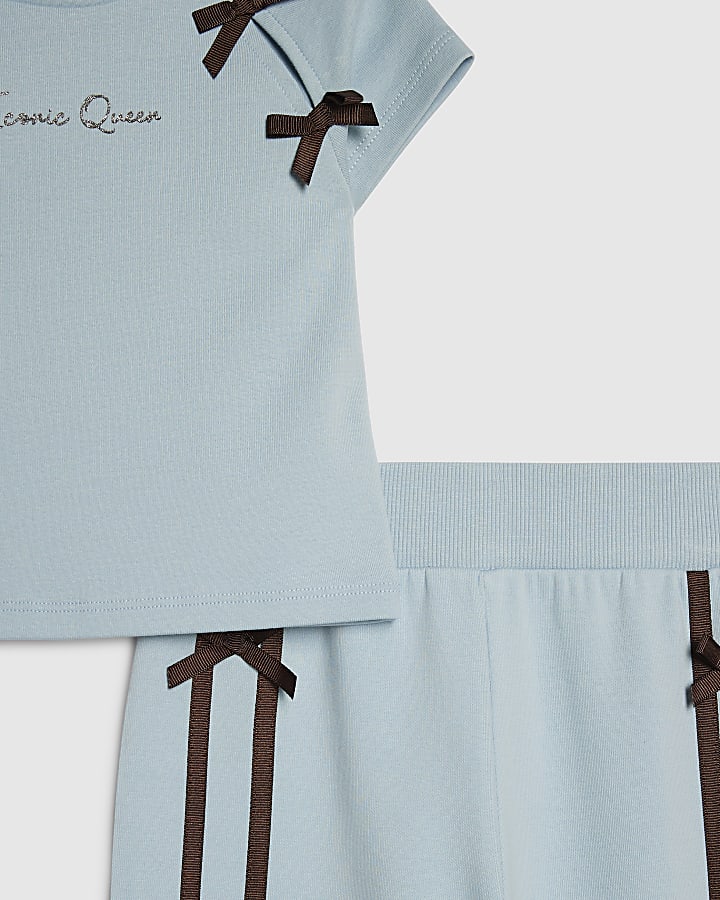 Girls Blue Bow T-Shirt Tracksuit Set