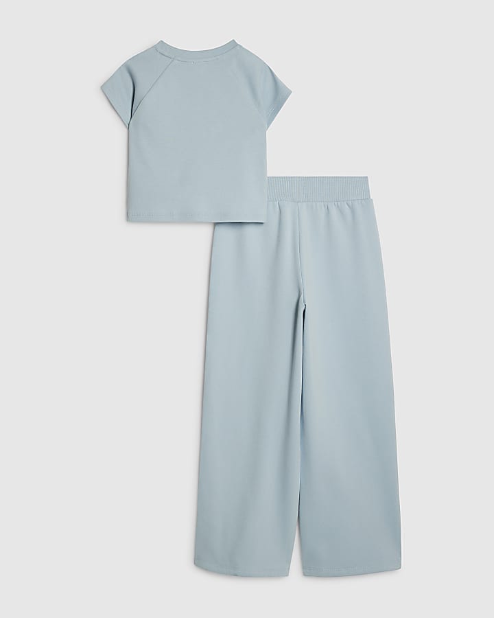 Girls Blue Bow T-Shirt Tracksuit Set