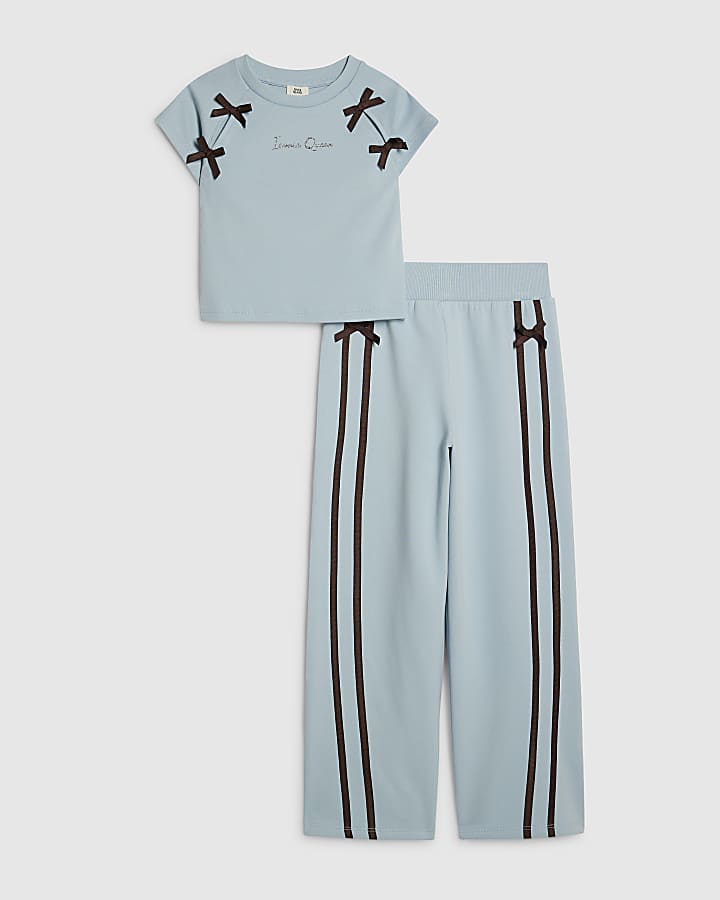 Girls Blue Bow T-Shirt Tracksuit Set
