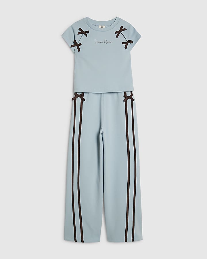 Girls Blue Bow T-Shirt Tracksuit Set