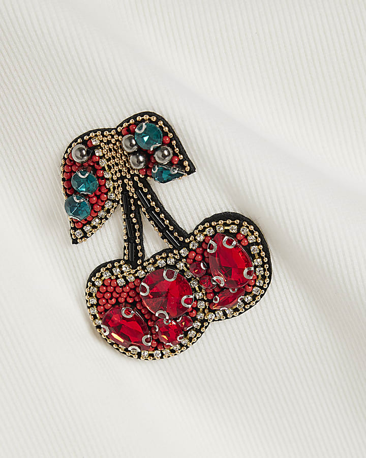 Girls White Ribbed Cherry Trim T-Shirt