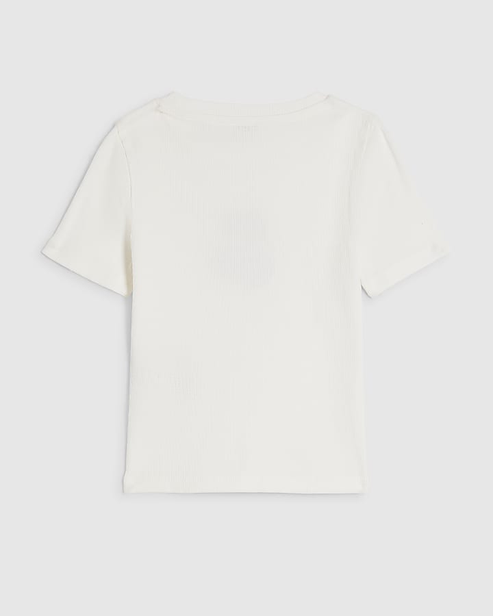 Girls White Ribbed Cherry Trim T-Shirt