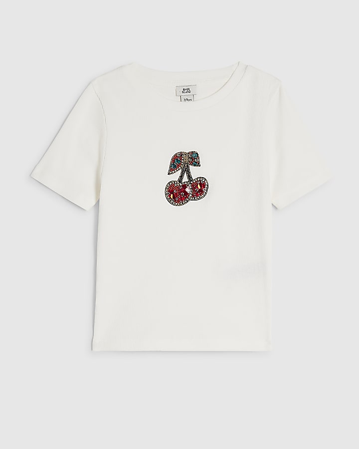 Girls White Ribbed Cherry Trim T-Shirt