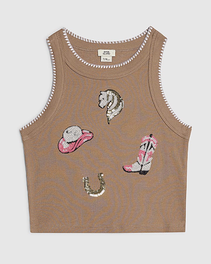 Girls Brown Embellished Cowboy Tank Top