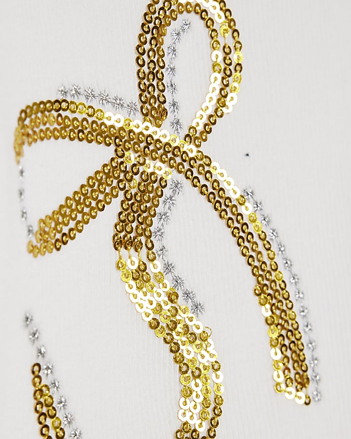 Girls White Sequin Bow T-Shirt