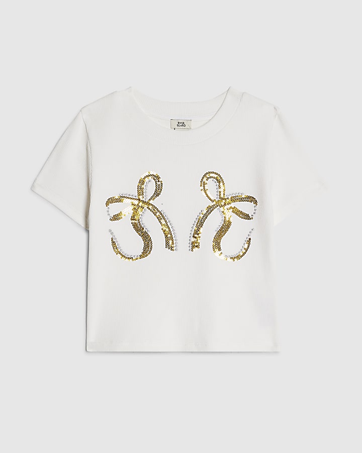 Girls White Sequin Bow T-Shirt