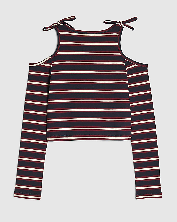 Girls Navy Stripe Cold Shoulder Top
