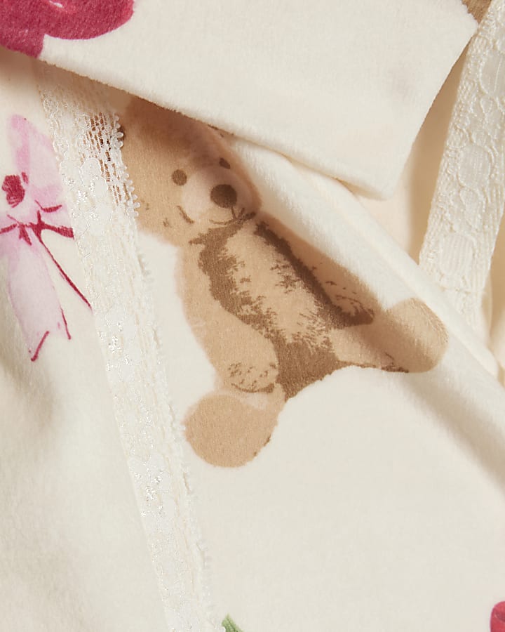 Girls Cream Velour Bear Print Pyjamas Set