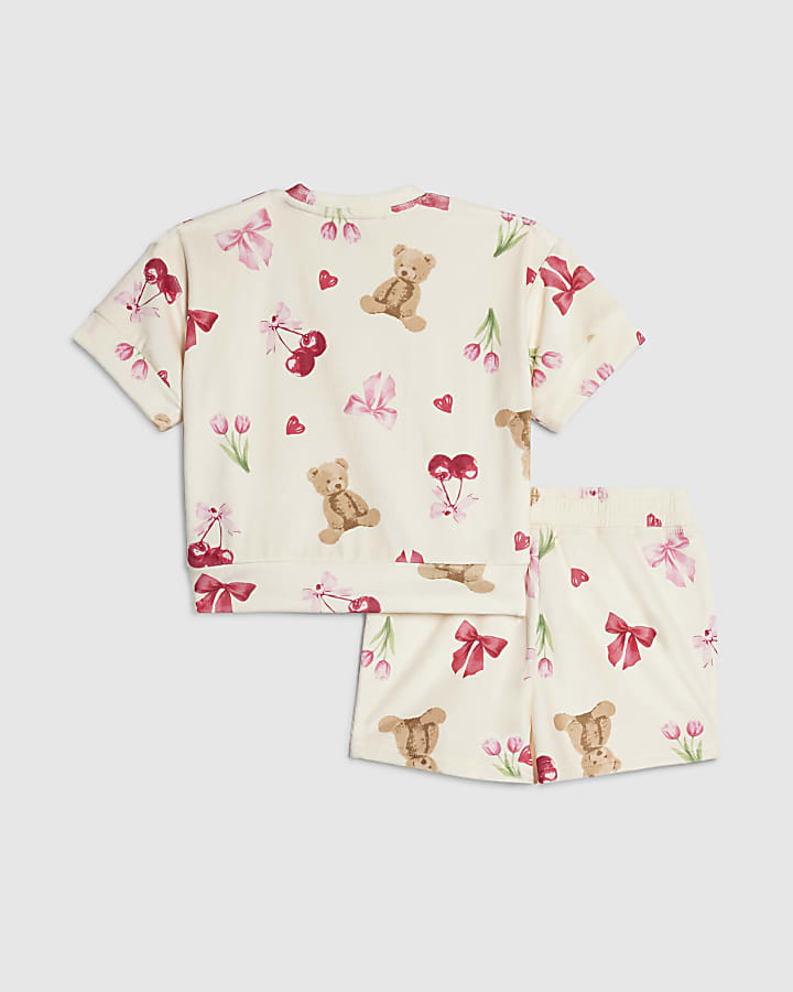 Girls Cream Velour Bear Print Pyjamas Set