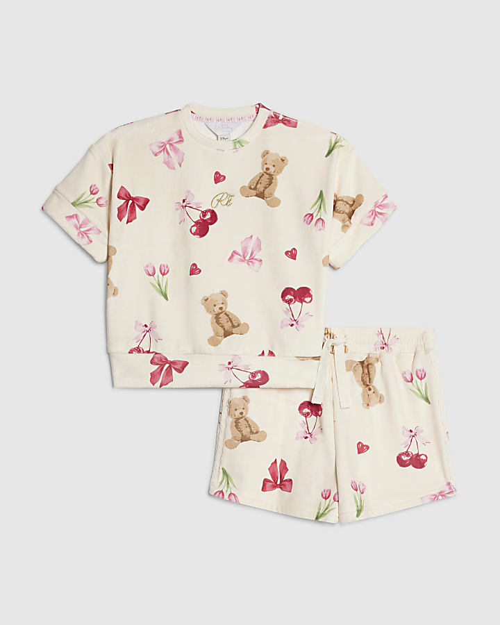 Girls Cream Velour Bear Print Pyjamas Set