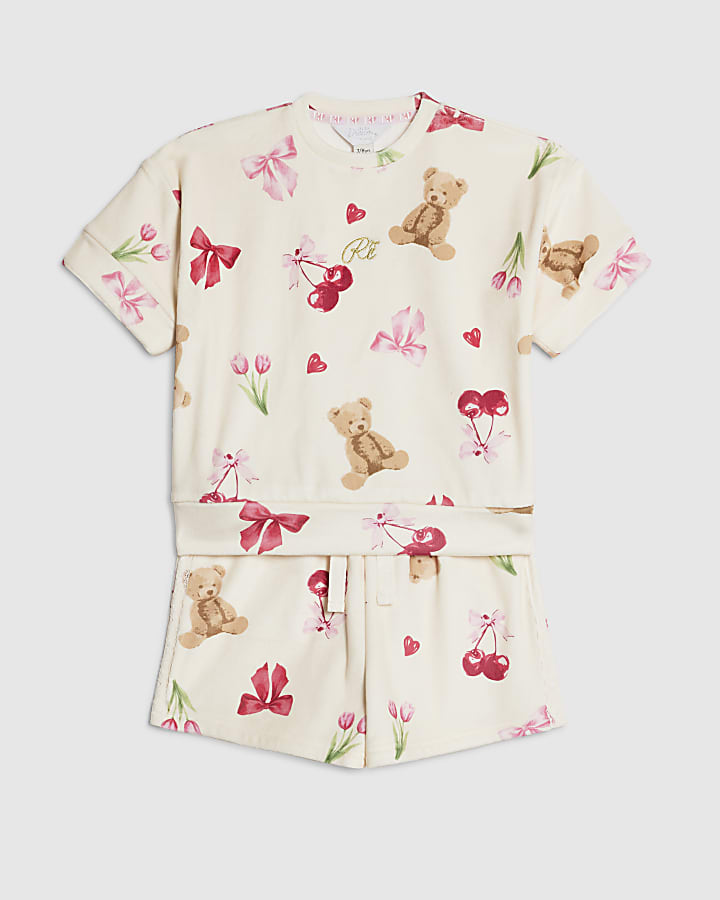 Girls Cream Velour Bear Print Pyjamas Set