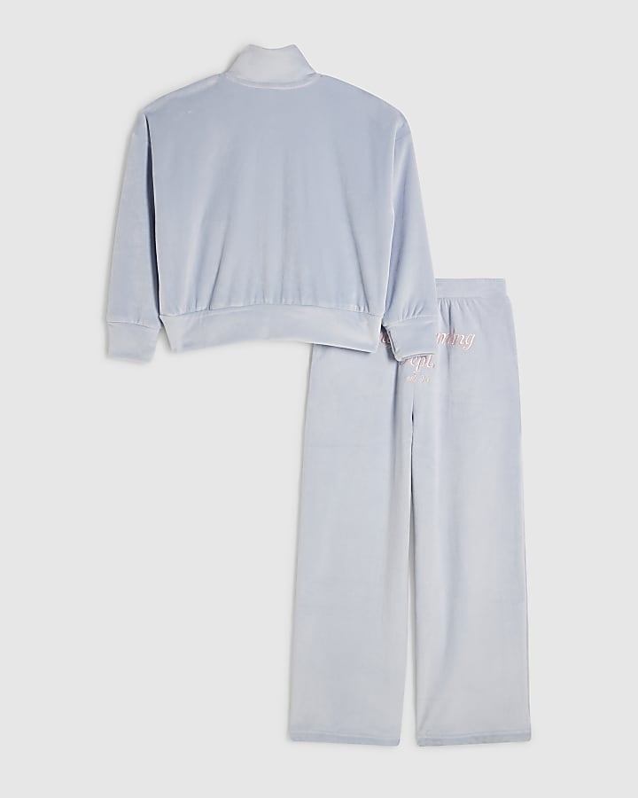 Girls Blue Velour Flared Trousers Set