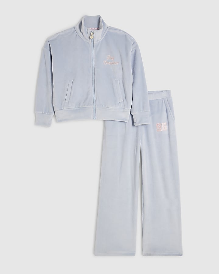 Girls Blue Velour Flared Trousers Set