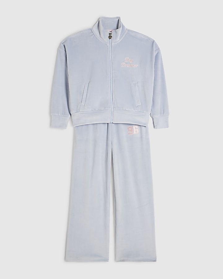 Girls Blue Velour Flared Trousers Set