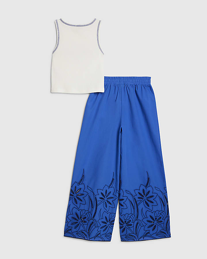 Girls Blue Laser Cut Trousers Set