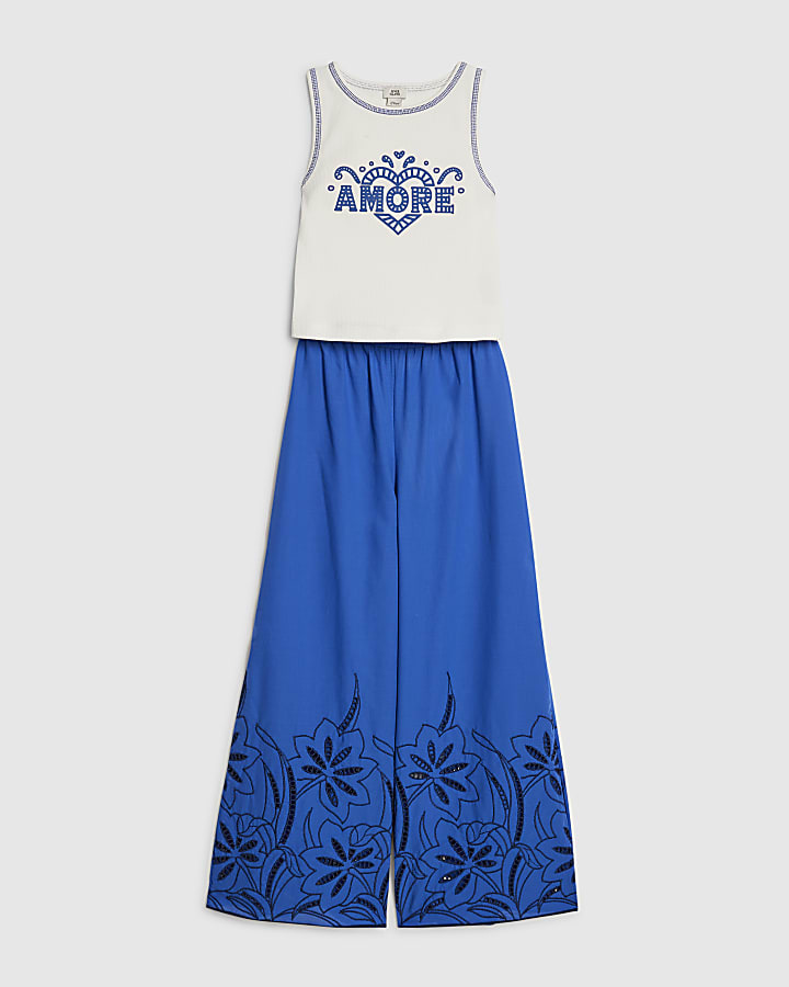 Girls Blue Laser Cut Trousers Set