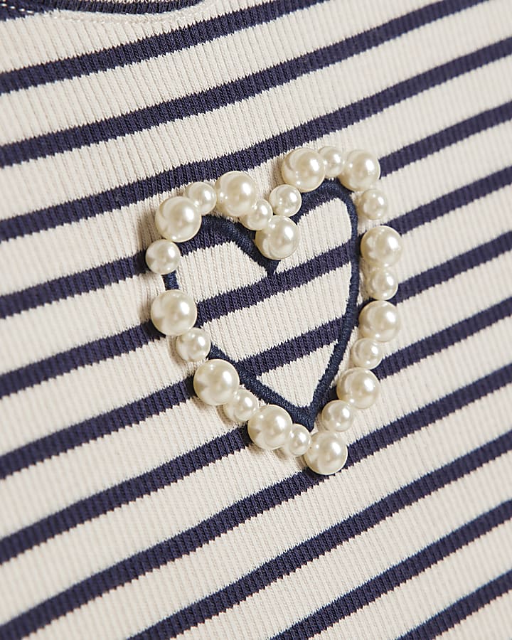 Girls Navy Stripe Pearl Heart T-Shirt