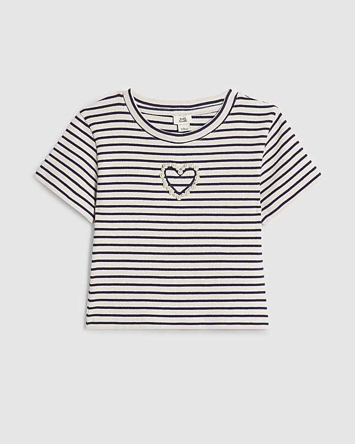 Girls Navy Stripe Pearl Heart T-Shirt
