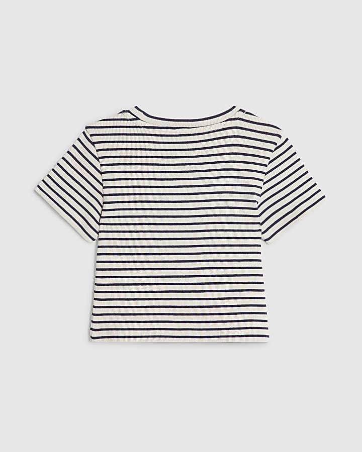 Girls Navy Stripe Pearl Heart T-Shirt