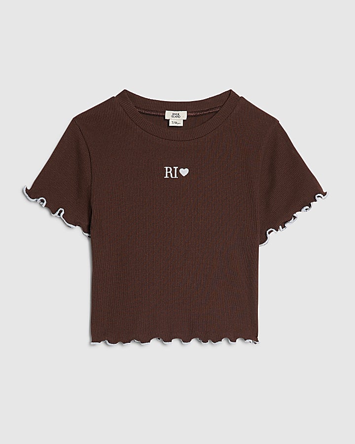 Girls Brown Lettuce Hem Crop T-Shirt