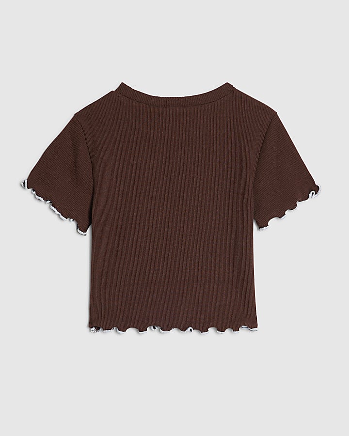 Girls Brown Lettuce Hem Crop T-Shirt