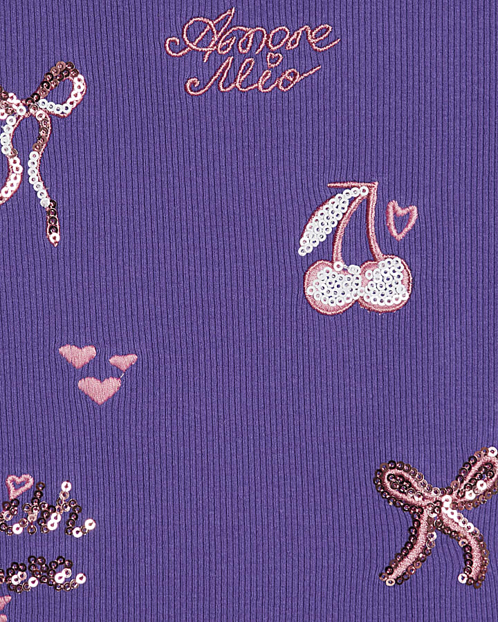 Girls Purple Sequin Embroidered T-Shirt