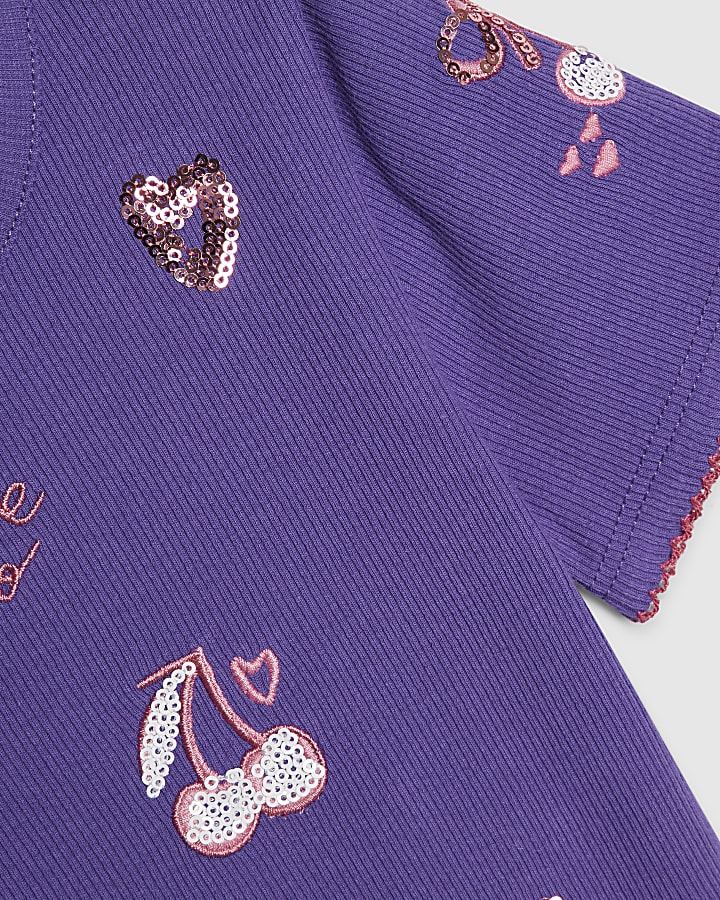 Girls Purple Sequin Embroidered T-Shirt