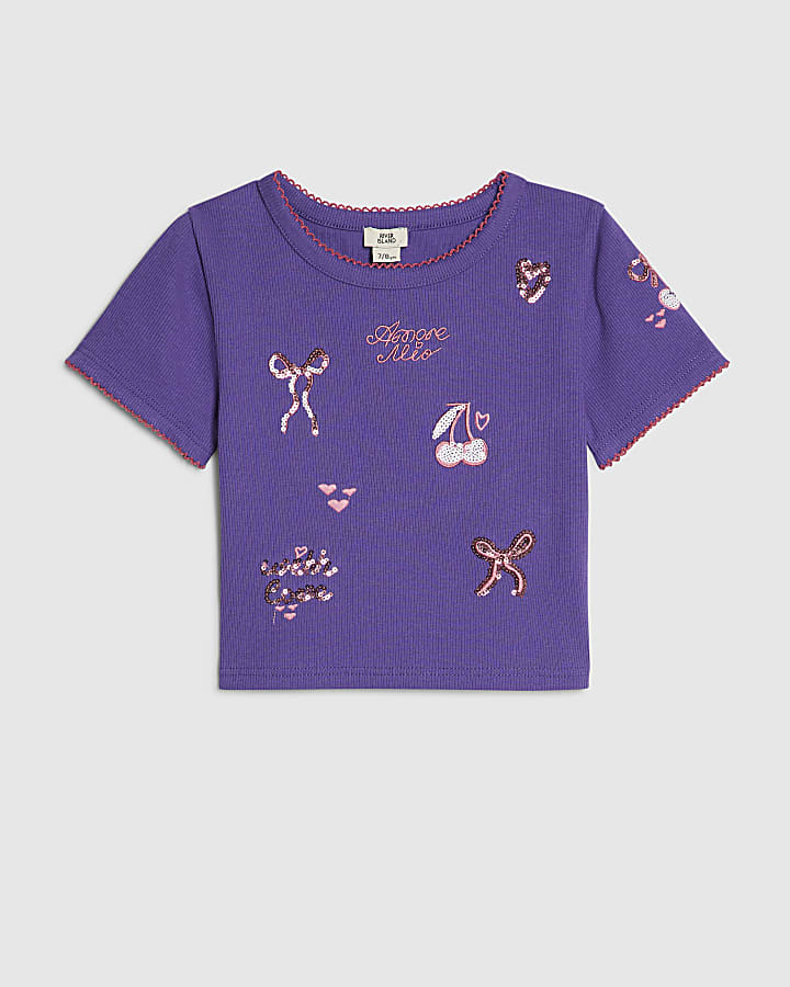 Girls Purple Sequin Embroidered T-Shirt