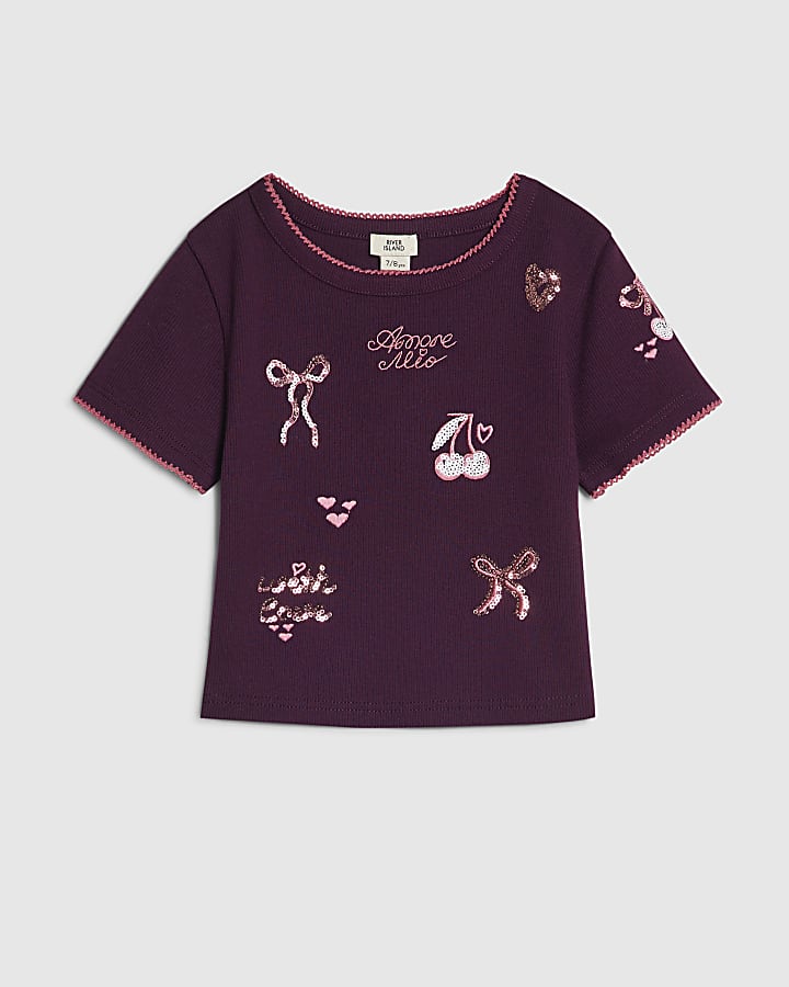 Girls Purple Sequin Embroidered T-Shirt