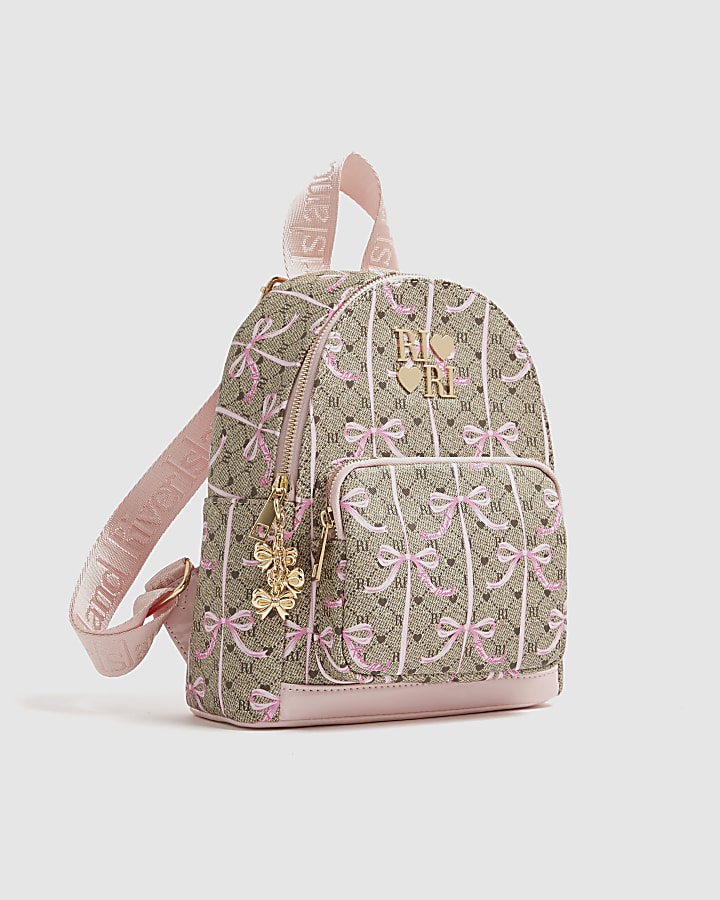 Girls Brown Monogram Bow Backpack