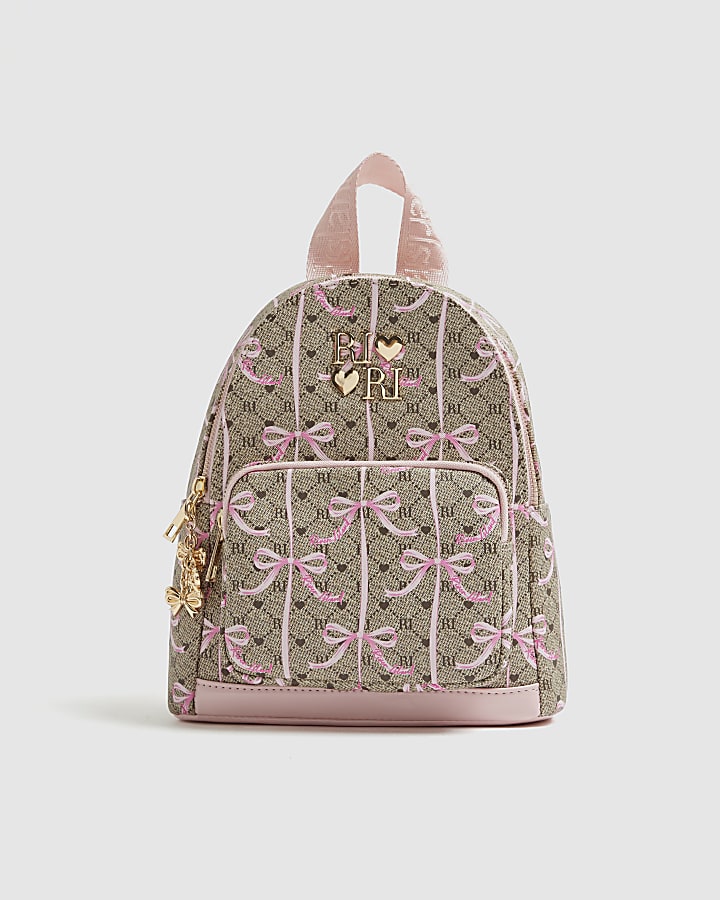 Girls Brown Monogram Bow Backpack