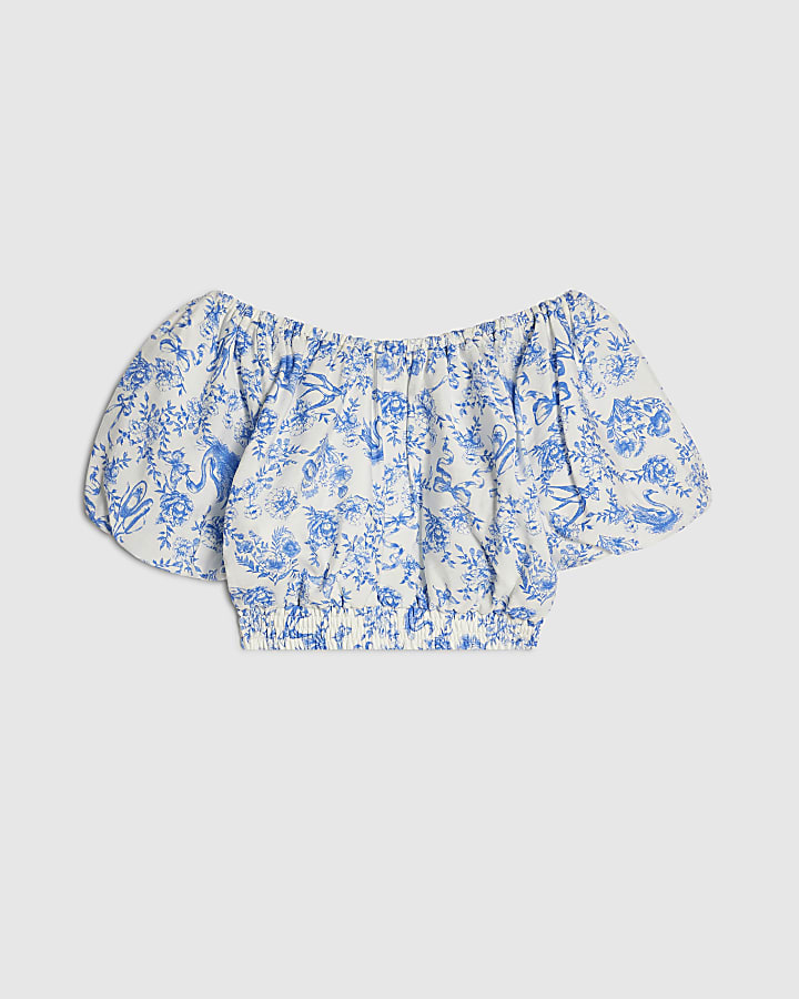 Girls Blue Toile Print Crop Top