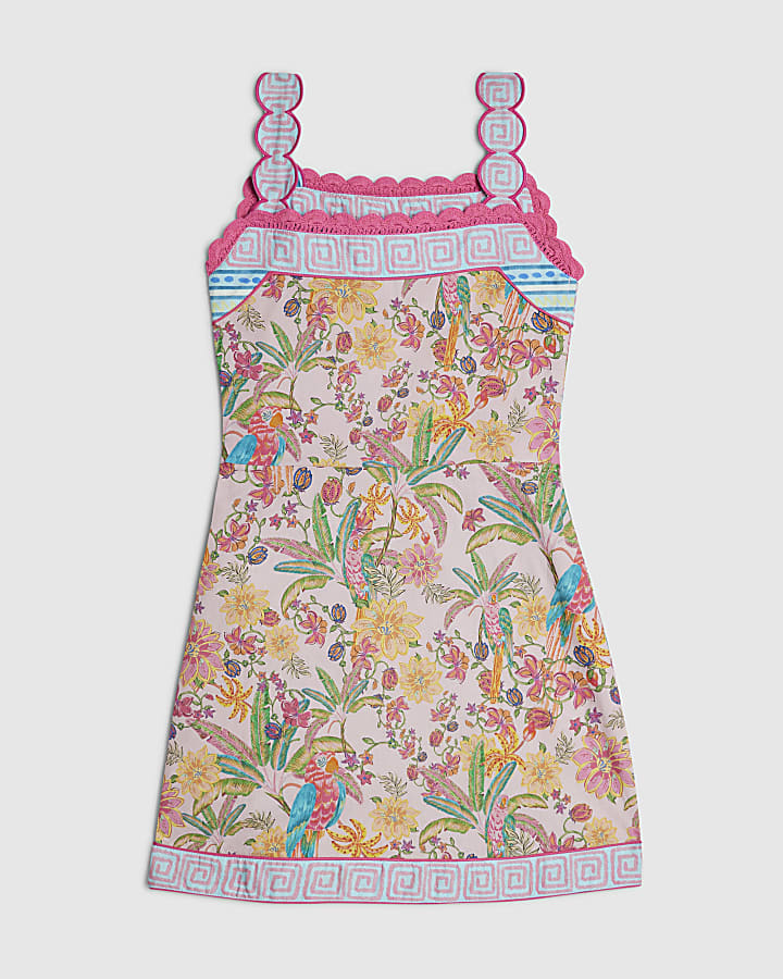 Girls Multi Colour Beaded Parrot Print Dress
