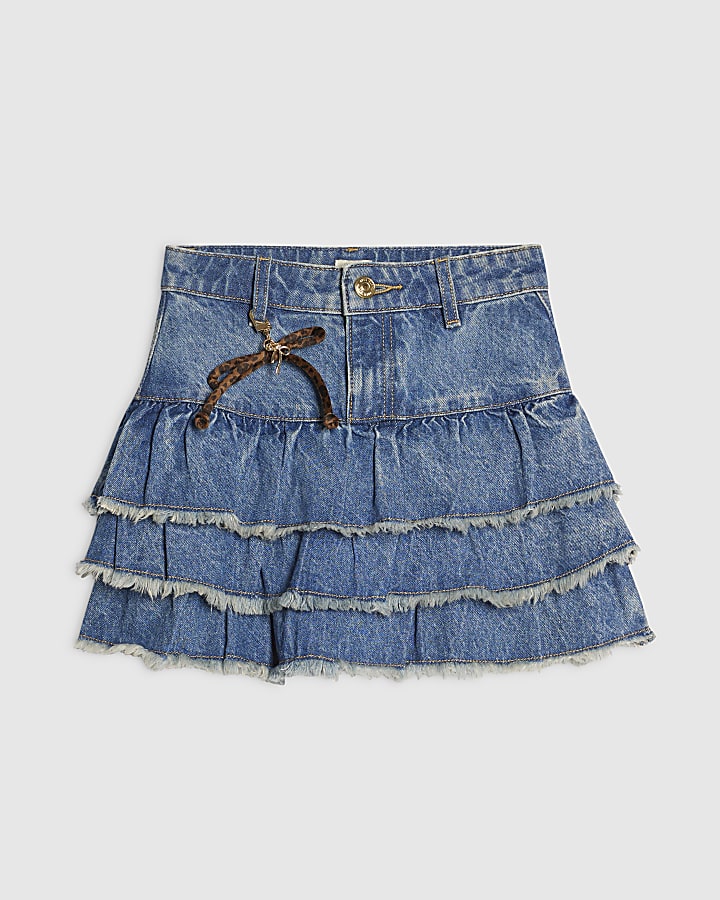 Girls Blue Denim Rara Skirt And Bow Keyring