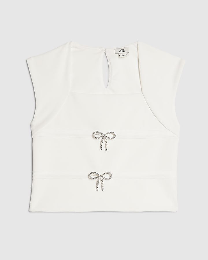 Girls White Textured Bow Top