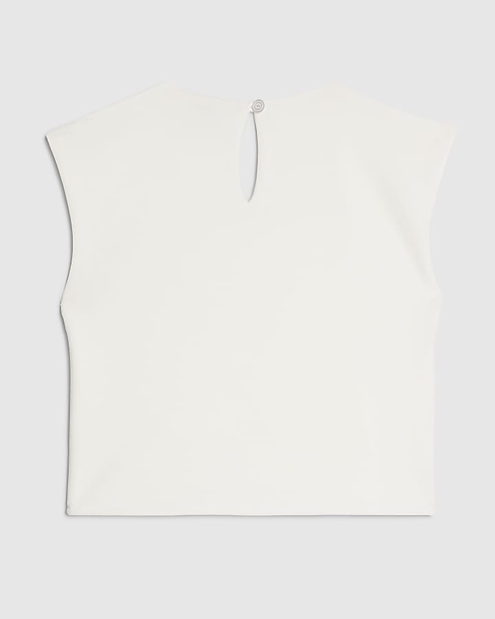 Girls White Textured Bow Top