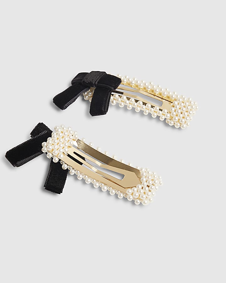 Girls White Pearl And Black Bow Clips 2 Pack 