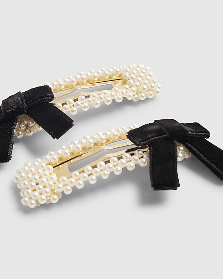 Girls White Pearl And Black Bow Clips 2 Pack 