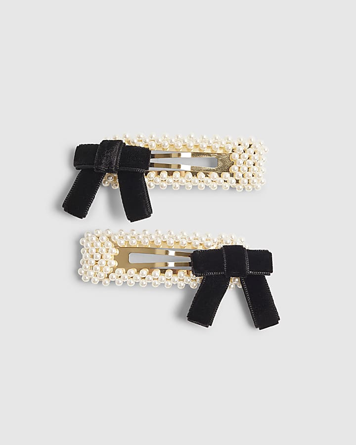 Girls White Pearl And Black Bow Clips 2 Pack 