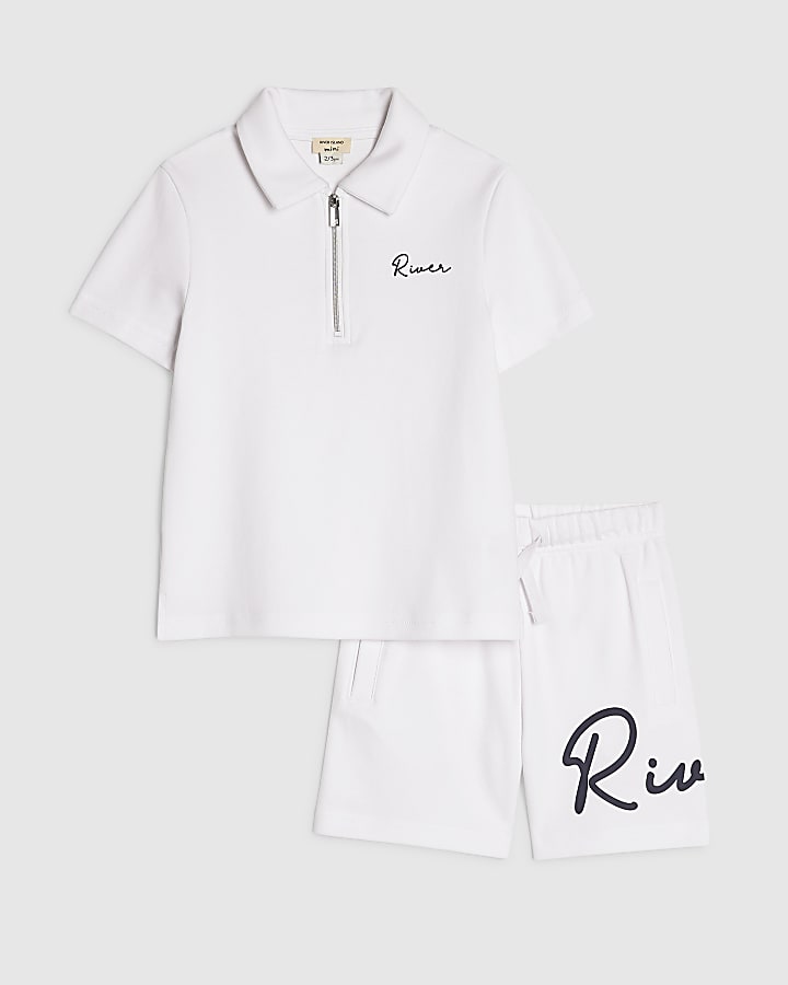 Mini Boys White RI Polo Shirt And Shorts Set