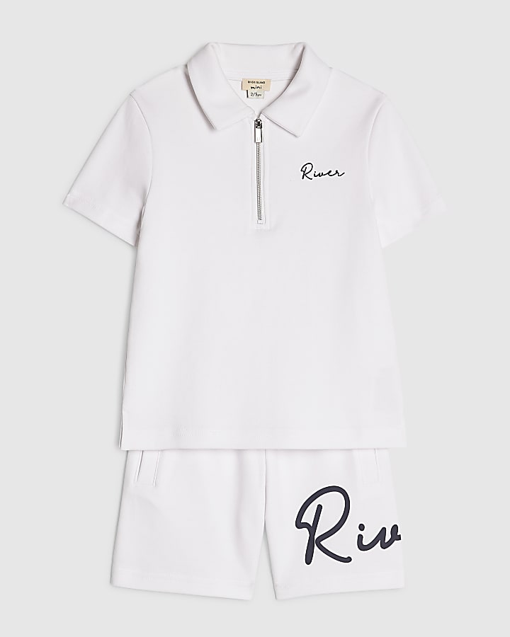 Mini Boys White RI Polo Shirt And Shorts Set