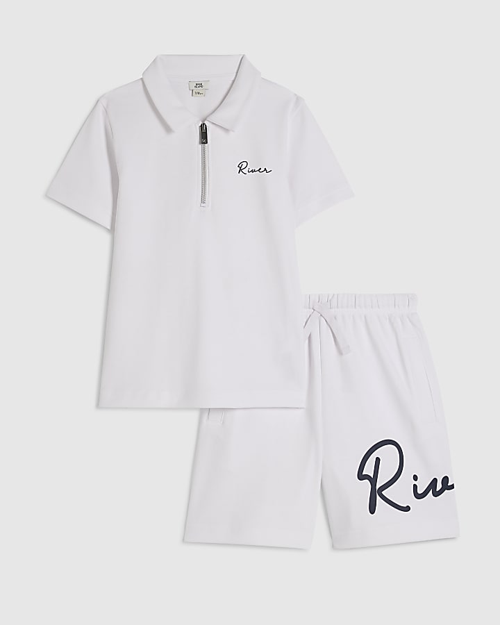 Boys White RI Polo Shirt And Shorts Set
