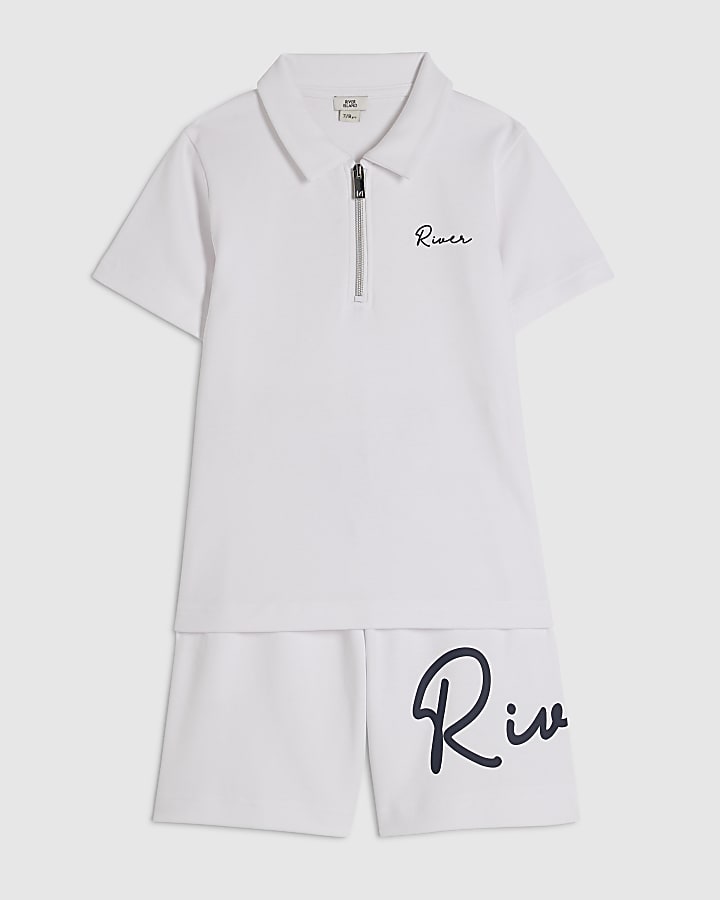Boys White RI Polo Shirt And Shorts Set