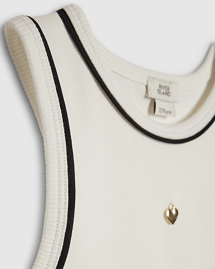 Girls White Ribbed Charm Tank Top