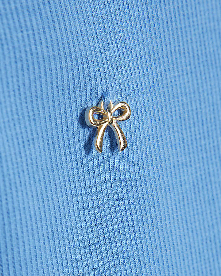 Girls Blue Ribbed Bow Charm Tank Top