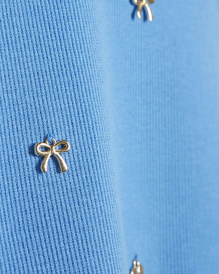 Girls Blue Ribbed Bow Charm Tank Top