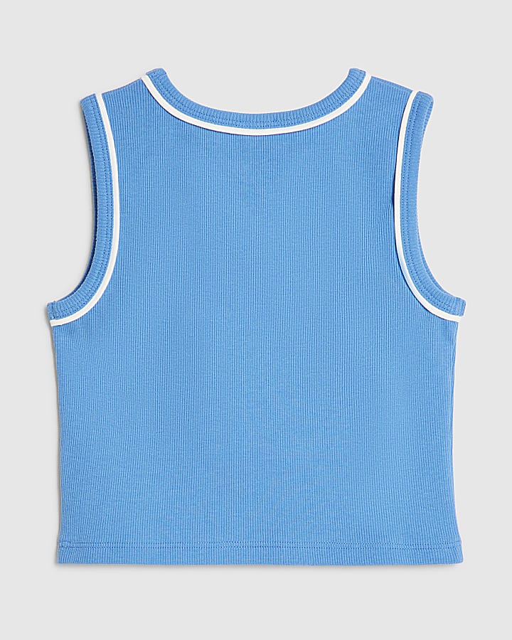 Girls Blue Ribbed Bow Charm Tank Top