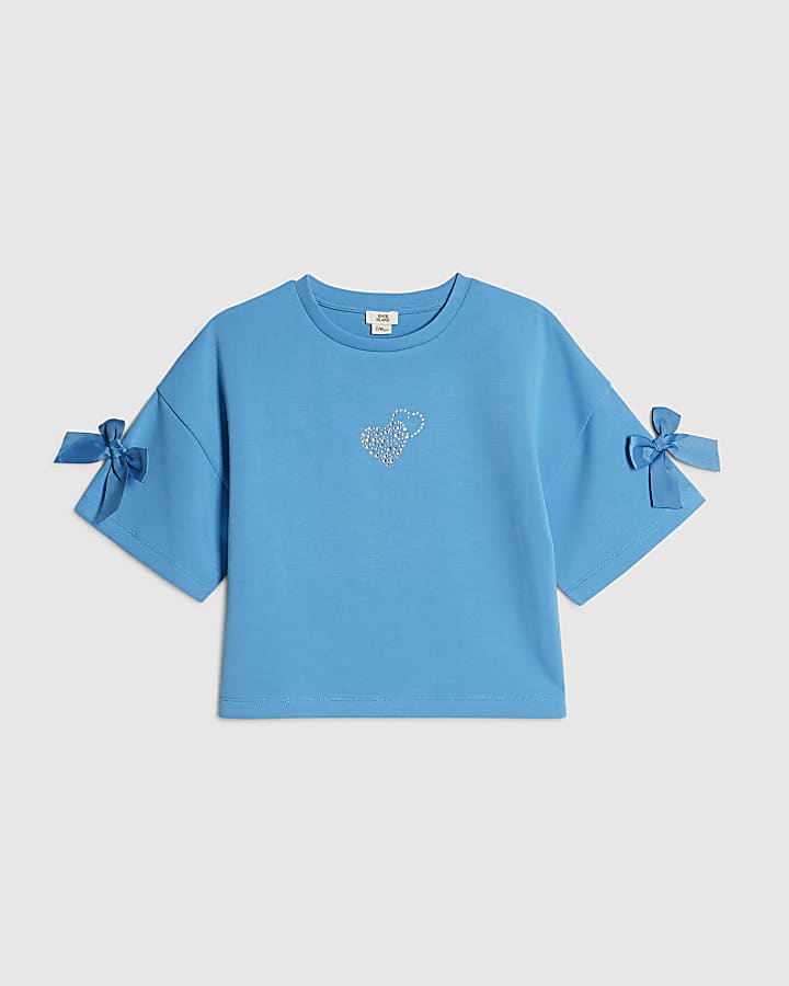 Girls Blue Premium Bow Heart T-Shirt
